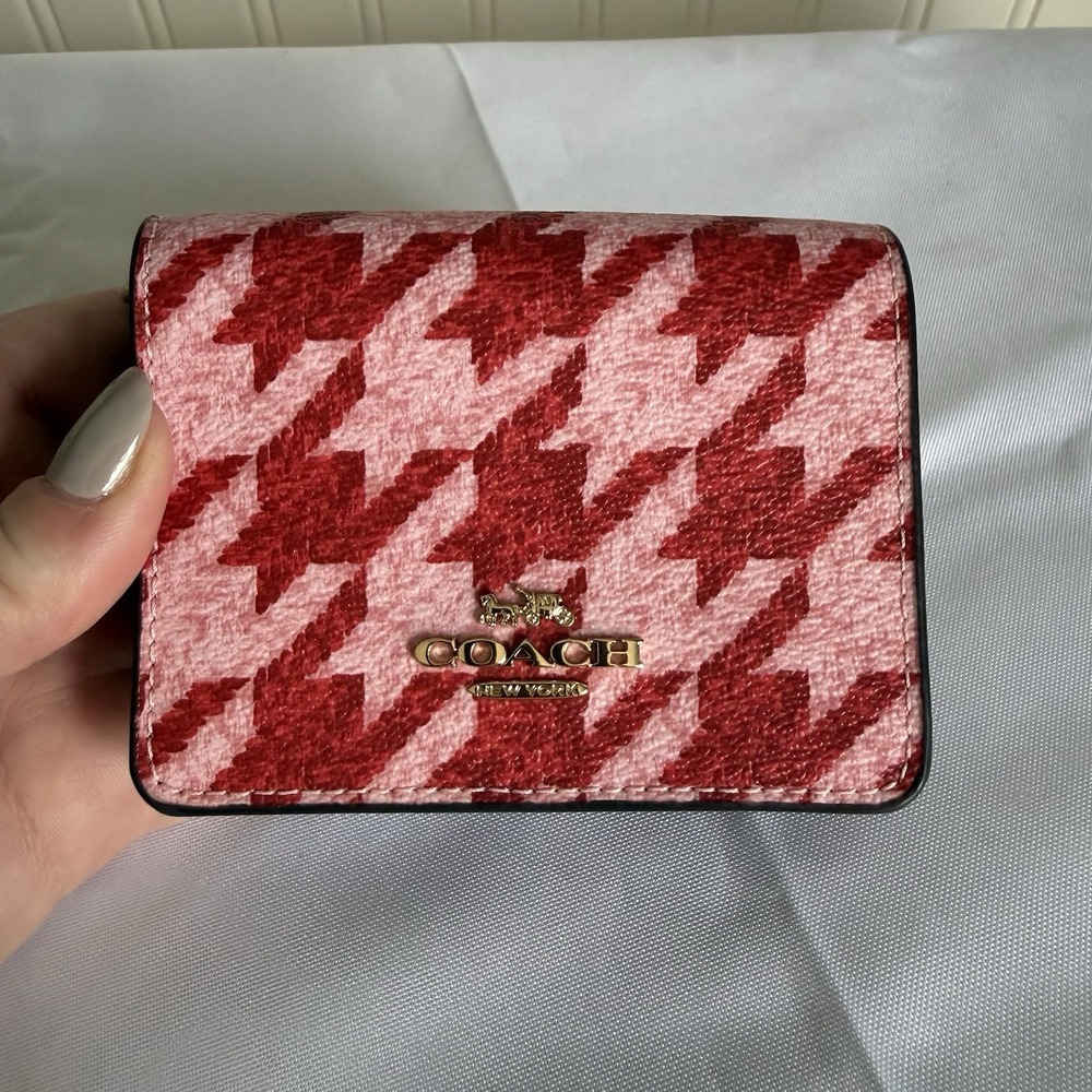 Coach Micro Chain Crossbody Wallet With Houndstooth Pink Red Card Holder